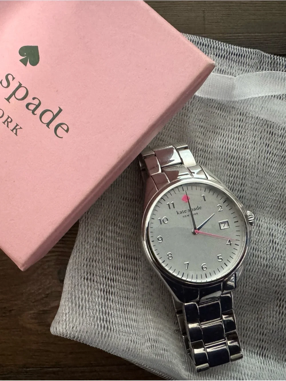 Kate Spade Women’s Silver Stainless Steel Watch with Pink Accents